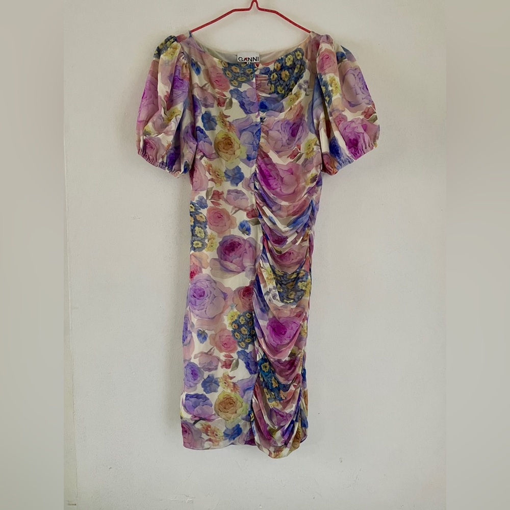 Ganni Mesh Floral Watercolor Puff-Sleeve Mini Dress - Pastel Multi
